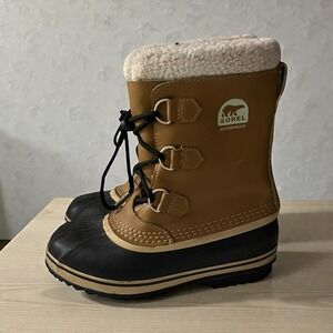 Sorel Waterproof Winter Boots Tan Black Sherpa Lined‎ Lace Up Women Size 6
